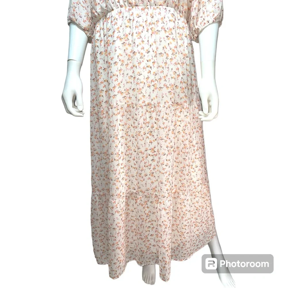 Luxology Floral Chiffon Cottagecore Tiered Puff Sleeve Maxi Dress Size M